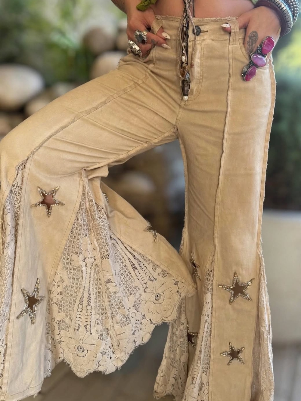 A Rare Bird Sequins in Hayfield Pants | Boho Star Rhinestone Lace Flare